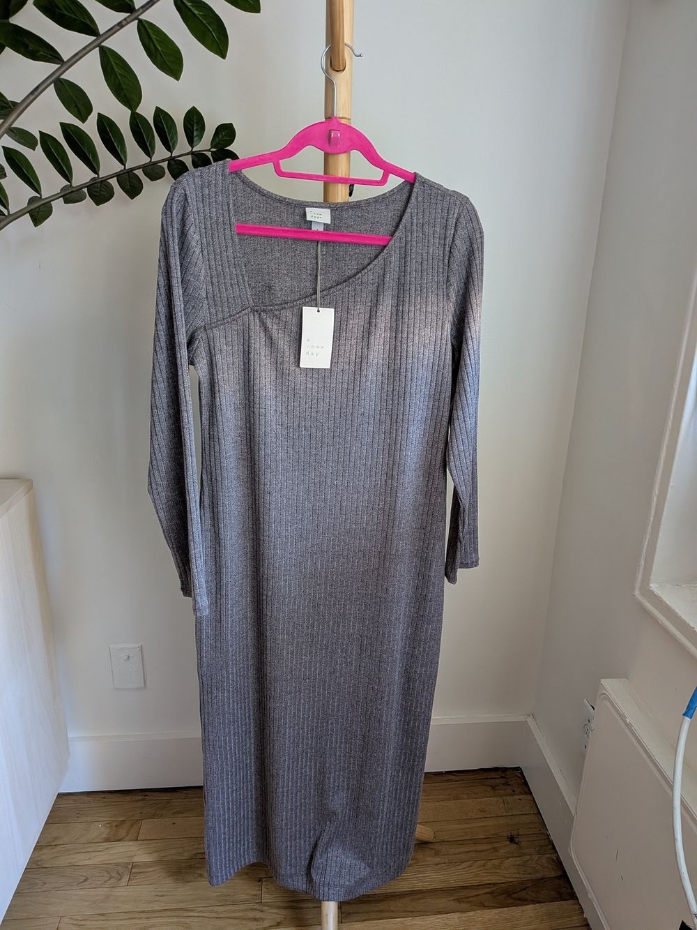 NWT A New Day Gray Ribbed Midi Dress L Asymmetrical Neck Quiet Luxury